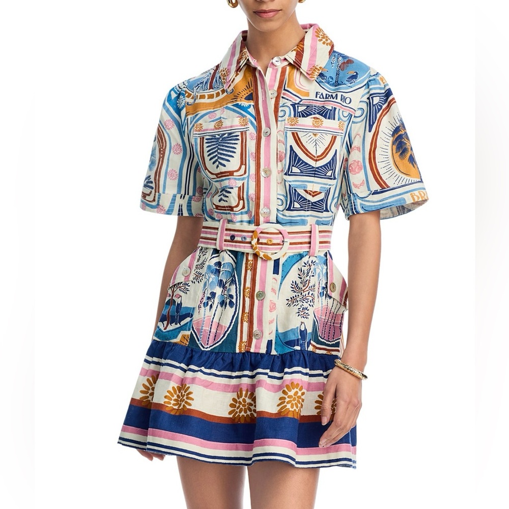 Farm Rio Cerrado Stamps Mini Shirtdress NWT